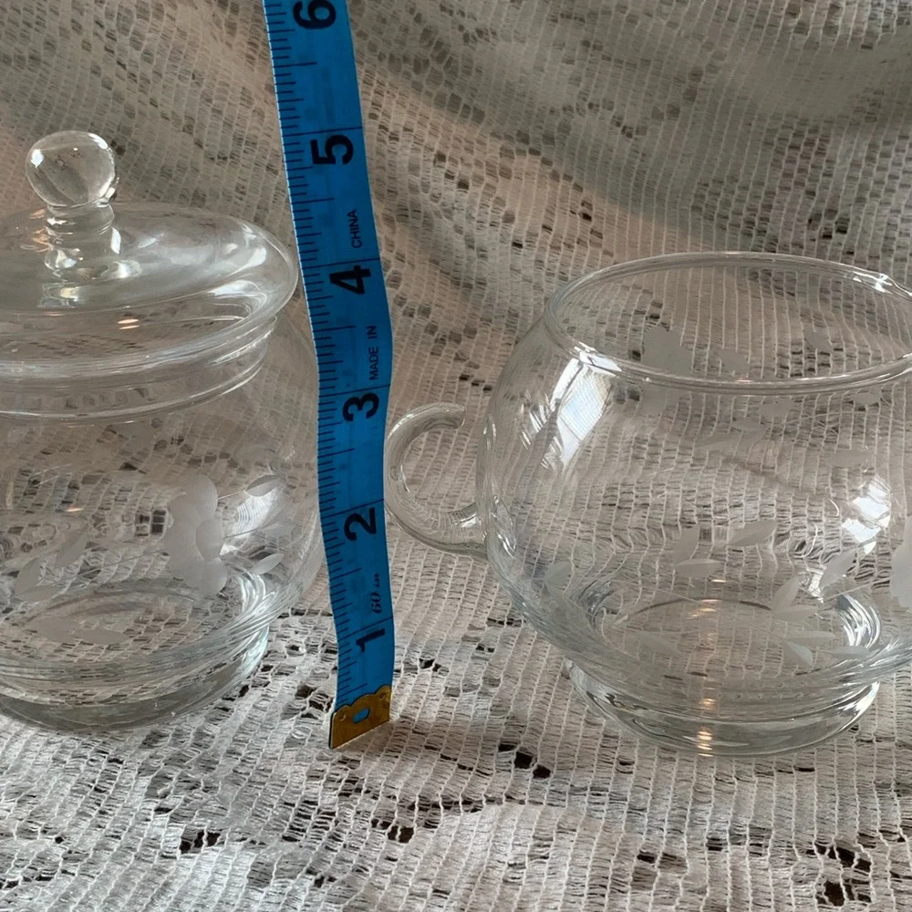 Princess House Heritage Etched Floral Clear Crystal Sugar Bowl W/Lid Creamer Set